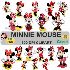 Puede incluir: Colecci&oacute;n de im&aacute;genes predise&ntilde;adas de Minnie Mouse. Cada imagen presenta a Minnie Mouse en varias poses, luciendo su ic&oacute;nico vestido de lunares rojos y blancos y su lazo. Las im&aacute;genes est&aacute;n etiquetadas con "MINNIE MOUSE", "200 PNG", "300 DPI CLIPART" y "200 SVG".