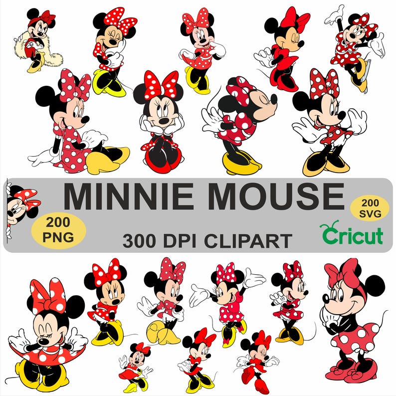Puede incluir: Colecci&oacute;n de im&aacute;genes predise&ntilde;adas de Minnie Mouse. Cada imagen presenta a Minnie Mouse en varias poses, luciendo su ic&oacute;nico vestido de lunares rojos y blancos y su lazo. Las im&aacute;genes est&aacute;n etiquetadas con "MINNIE MOUSE", "200 PNG", "300 DPI CLIPART" y "200 SVG".