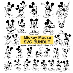 May include: A collection of black and white Mickey Mouse illustrations in various poses. The image includes the text "Mickey Mouse SVG BUNDLE" with file format options. The illustrations depict Mickey Mouse holding items and in different activities.