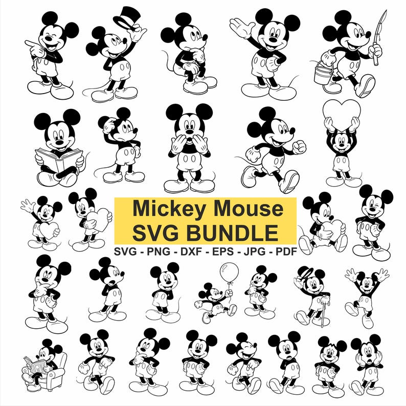 May include: A collection of black and white Mickey Mouse illustrations in various poses. The image includes the text "Mickey Mouse SVG BUNDLE" with file format options. The illustrations depict Mickey Mouse holding items and in different activities.