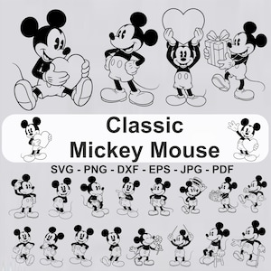 Peut inclure: Dessins au trait en noir et blanc de Mickey Mouse dans diverses poses, tenant un cœur, un cadeau et d'autres objets. Le texte "Classic Mickey Mouse" est affiché en dessous, avec des options de type de fichier.