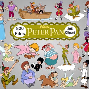 Może przedstawiać: Cyfrowa kolekcja clipartów Disney Peter Pan przedstawiająca różne postacie, w tym Piotrusia Pana, Dzwoneczka, Kapitana Haka, Wendy, Johna, Michaela, Zagubionych Chłopców i psa Nanę, z tekstem 820 Files Disney PETER PAN 205 Clipart.