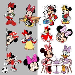 Puede incluir: Una colecci&oacute;n de ilustraciones de dibujos animados con Minnie Mouse en varias poses y atuendos. Las im&aacute;genes incluyen a Minnie con un vestido rojo, un uniforme de f&uacute;tbol y un vestido de lunares. Otras im&aacute;genes muestran a Minnie con un radiocasete y un vestido inspirado en Blancanieves.