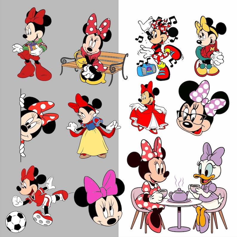 Puede incluir: Una colecci&oacute;n de ilustraciones de dibujos animados con Minnie Mouse en varias poses y atuendos. Las im&aacute;genes incluyen a Minnie con un vestido rojo, un uniforme de f&uacute;tbol y un vestido de lunares. Otras im&aacute;genes muestran a Minnie con un radiocasete y un vestido inspirado en Blancanieves.