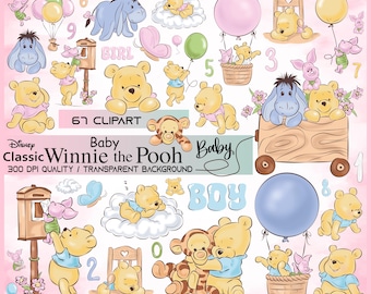 Paquete de imágenes prediseñadas vintage de Winnie the Pooh, PNG para baby shower (descarga digital)