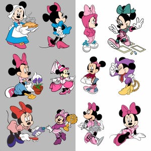 Puede incluir: Una colecci&oacute;n de ilustraciones de dibujos animados de Minnie Mouse con varios atuendos. Minnie se representa en una variedad de poses, incluyendo sosteniendo un pastel, usando una sudadera con capucha y vestida como una vaquera. La paleta de colores incluye rosa, azul y morado.