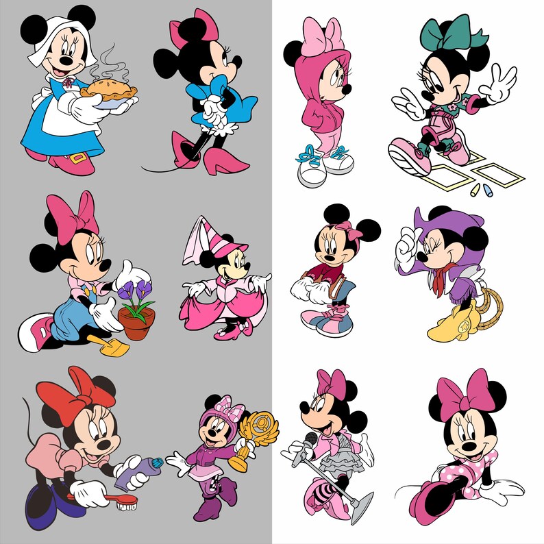Puede incluir: Una colecci&oacute;n de ilustraciones de dibujos animados de Minnie Mouse con varios atuendos. Minnie se representa en una variedad de poses, incluyendo sosteniendo un pastel, usando una sudadera con capucha y vestida como una vaquera. La paleta de colores incluye rosa, azul y morado.