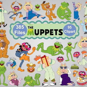 Puede incluir: Una colección digital de 385 archivos y 95 imágenes prediseñadas con los personajes de Los Muppets, incluyendo a la rana René, Miss Piggy, el oso Fozzie, Animal, Beaker y Gonzo en varias poses, expresiones y atuendos sobre un fondo gris claro.