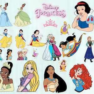 May include: A selection of Disney Princess illustrations, featuring characters like Snow White, Cinderella, and Jasmine. The princesses are shown in their signature attire, with a pink "Disney Princess" logo and a crown graphic.