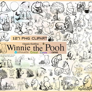 Puede incluir: Una colección de 127 imágenes prediseñadas PNG con ilustraciones de contorno clásicas de Winnie the Pooh y sus amigos. Las imágenes incluyen varias escenas y personajes, perfectas para proyectos de manualidades.