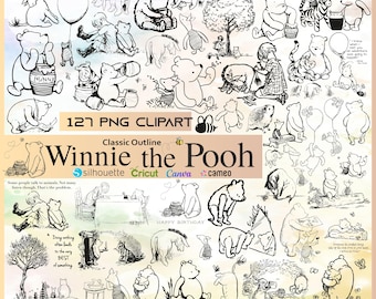 Winnie the Pooh Outline Clipart, Vintage Baby Shower Decor (svg, png, eps, dxf, jpg, pdf)
