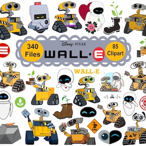Op de afbeelding: Een digitale collectie van Wall-E en Eve karakterillustraties met 340 bestanden en 85 clipart-afbeeldingen. De afbeeldingen bevatten diverse houdingen van de gele robot Wall-E, de witte robot Eve, planten in laarzen en de tekst Disney Pixar WALL-E.