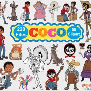 May include: A digital collection of 220 Coco themed clipart files featuring various animated characters, including a boy in a red hoodie, skeletons in traditional attire, a dog, and a colourful alebrije, with the text COCO prominently displayed.