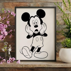 May include: Black and white framed print featuring Mickey Mouse with a surprised expression. The cartoon character is depicted with his hands on his cheeks, showcasing his iconic ears, shorts, and shoes. The artwork is set against a cream background.