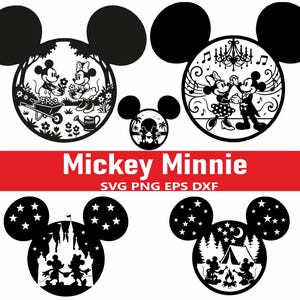 Musse och Mimmi Svg Bundle, Par Silhuett PNG, Disney Castle SVG, Dansande Musse SVG, Camping Musse klippfiler för Cricut, Dxf Eps Png