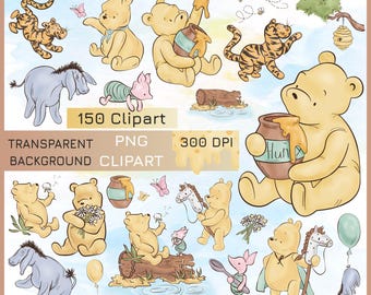 Paquete de imágenes prediseñadas de Winnie the Pooh, Amigos Clásicos, Decoración para fiestas DIY (Digital 150 PNG)