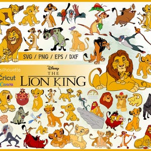 May include: A collection of cartoon illustrations featuring characters from Disney's "The Lion King." The image includes various characters in yellow, brown, and orange, with the text "SVG / PNG / EPS / DXF" and "The Lion King."