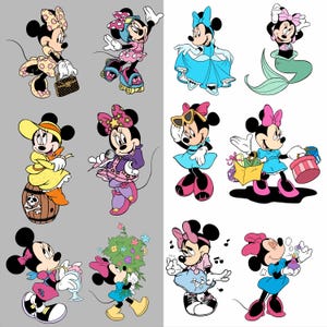 Puede incluir: Una colecci&oacute;n de ilustraciones de dibujos animados coloridos de Minnie Mouse en varios atuendos y poses. Minnie se representa con una variedad de atuendos, incluyendo un vestido de princesa, patines y sosteniendo un ramo de flores.