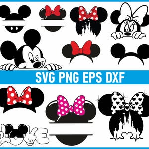 Puede incluir: Una colección de archivos SVG, PNG, EPS y DXF con temática de Mickey y Minnie Mouse en blanco y negro. Los diseños incluyen orejas de Mickey Mouse, lazos de Minnie Mouse con lunares y Mickey Mouse con la palabra "LOVE" en sus manos.