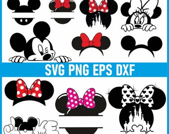 May include: A collection of black and white Mickey and Minnie Mouse-themed SVG, PNG, EPS, and DXF files. Designs include Mickey Mouse ears, Minnie Mouse bows with polka dots, and Mickey Mouse with the word "LOVE" in his hands.