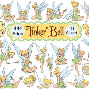 Puede incluir: Una colección de ilustraciones digitales de Campanilla en varias poses, vistiendo un vestido verde y alas azules translúcidas. La pancarta amarilla central muestra el texto 444 Files Tinker Bell 111 Clipart.