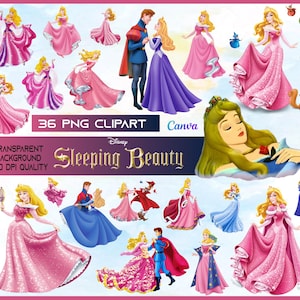 May include: A collection of 36 PNG clipart images featuring characters and scenes from Disney's Sleeping Beauty. The images include Princess Aurora in various pink gowns, Prince Phillip, and other elements from the animated film.