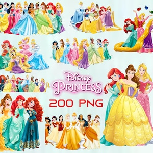 May include: A collection of Disney Princesses in various poses and outfits. The image features multiple groups of princesses, each in their iconic gowns, with the words "Disney Princess" and "200 PNG" in red text.