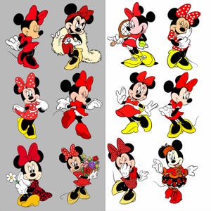 Puede incluir: Una colecci&oacute;n de ilustraciones de dibujos animados de Minnie Mouse en varias poses y atuendos. Minnie aparece con vestidos, faldas y lazos rojos, con zapatos amarillos. Algunas im&aacute;genes la muestran con una raqueta de tenis, flores o un abrigo forrado de piel. El fondo est&aacute; dividido en secciones grises y blancas.