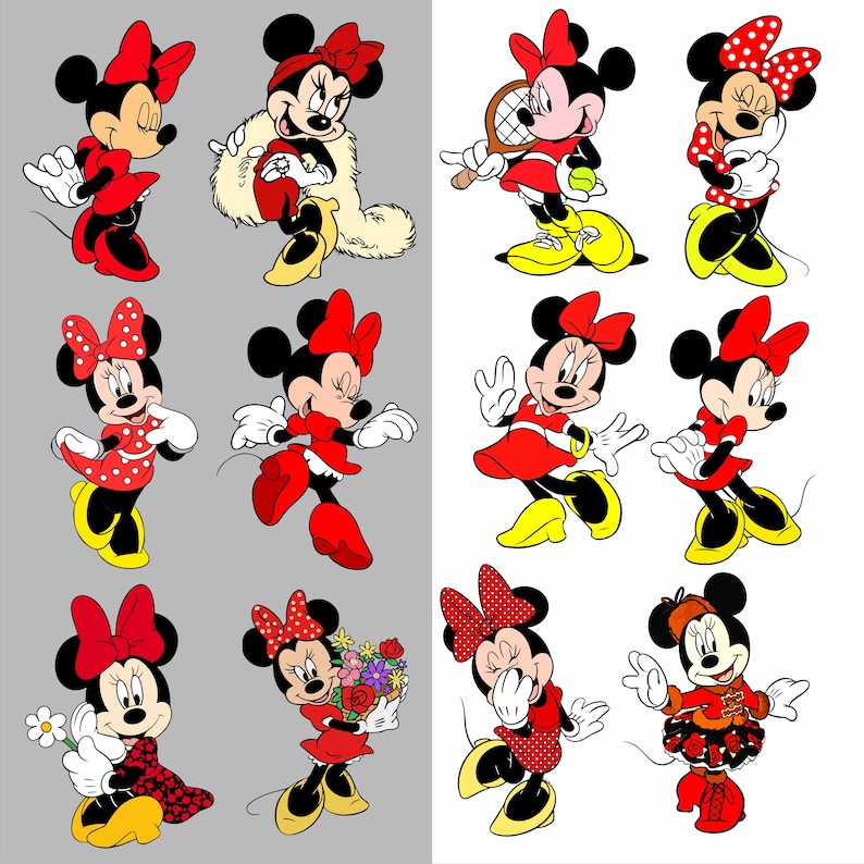 Puede incluir: Una colecci&oacute;n de ilustraciones de dibujos animados de Minnie Mouse en varias poses y atuendos. Minnie aparece con vestidos, faldas y lazos rojos, con zapatos amarillos. Algunas im&aacute;genes la muestran con una raqueta de tenis, flores o un abrigo forrado de piel. El fondo est&aacute; dividido en secciones grises y blancas.