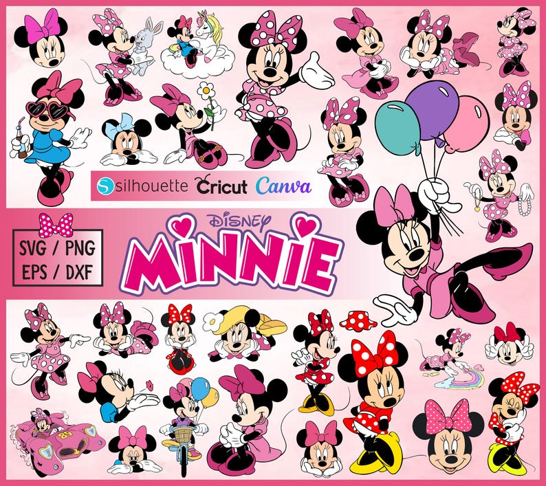 May include: A collection of Minnie Mouse illustrations in various poses and outfits, with a pink and white polka dot theme. The image includes the text "Disney Minnie" and file type options: SVG, PNG, EPS, and DXF.