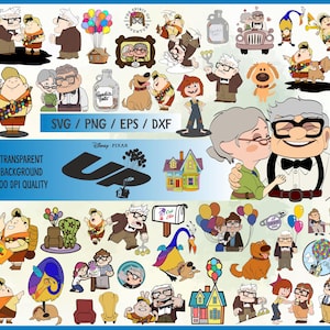 Puede incluir: Una colección de ilustraciones de dibujos animados con personajes y elementos de la película de Disney Pixar "Up". Las imágenes incluyen personajes, una casa con globos y el texto "SVG / PNG / EPS / DXF" y "Disney Pixar".