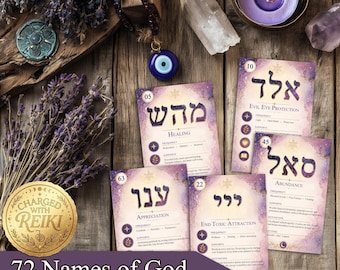 May include: A set of 72 Names of God Kabbalah oracle meditation cards with purple watercolor backgrounds and Hebrew text. The cards feature themes like Healing, Abundance, and Appreciation, displayed alongside dried lavender, crystals, and a blue evil eye charm.