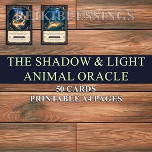 May include: The Shadow & Light Animal Oracle deck featuring 50 printable A4 cards. Two sample cards labeled Salmon and Shark are displayed with gold and blue celestial artwork. The text REIKIBLESSINGS is visible above the cards on a wood background.