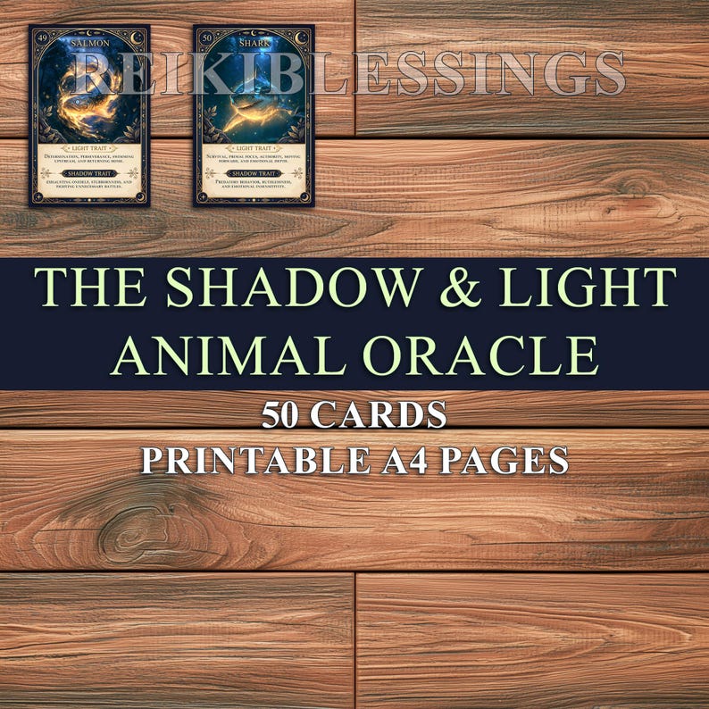 May include: The Shadow & Light Animal Oracle deck featuring 50 printable A4 cards. Two sample cards labeled Salmon and Shark are displayed with gold and blue celestial artwork. The text REIKIBLESSINGS is visible above the cards on a wood background.