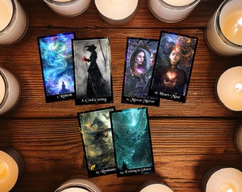 May include: Six rectangular tarot cards arranged on a wooden surface, surrounded by lit candles in glass jars. The cards feature illustrations titled 1. Rebirth, 8. Cord Cutting, 11. Mirror Mirror, 18. Heart-Mind, 19. Resistance, and 24. Existing in Silence.