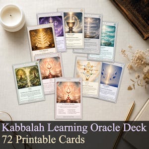 May include: A set of 72 printable oracle cards featuring spiritual and mystical illustrations, including titles like Eden, Direct Light, and Inner Work. Each card displays detailed artwork, descriptive text, and numerical labels on a white background.