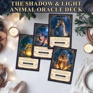 May include: A set of four oracle cards from The Shadow & Light Animal Oracle Deck, featuring illustrations of a leopard, octopus, frog, and tiger. Each card displays a light trait and a shadow trait with descriptive text in a gold-bordered frame.