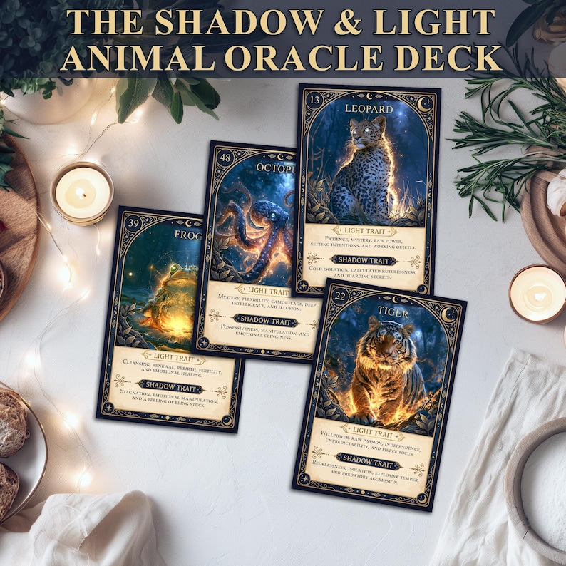 May include: A set of four oracle cards from The Shadow & Light Animal Oracle Deck, featuring illustrations of a leopard, octopus, frog, and tiger. Each card displays a light trait and a shadow trait with descriptive text in a gold-bordered frame.