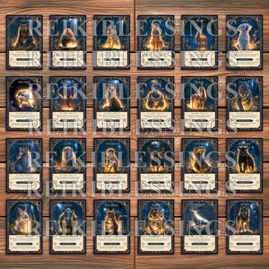 May include: A collection of twenty-four rectangular oracle cards arranged in a grid, each featuring a unique animal illustration surrounded by glowing golden light against a dark blue background, with text labels and descriptive details below.