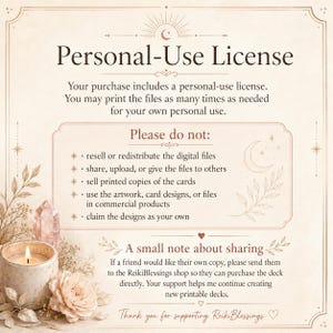 May include: A beige document titled Personal-Use License with decorative line art of a crescent moon, stars, and leaves. It lists usage restrictions for digital files, including prohibitions on reselling, sharing, or commercial use, with a note about ReikiBlessings.