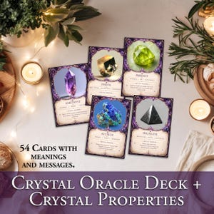 May include: A set of oracle cards featuring images of crystals including amethyst, pyrite, peridot, azurite, and shungite. Each card displays the crystal name, properties, and a message. The text 54 CARDS WITH MEANINGS AND MESSAGES. CRYSTAL ORACLE DECK + CRYSTAL PROPERTIES is visible.
