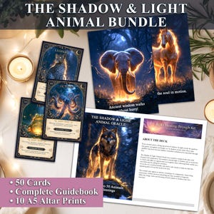 May include: The Shadow & Light Animal Bundle includes 50 oracle cards, a complete guidebook, and 10 A5 altar prints. The cards feature glowing illustrations of animals like a leopard, octopus, elephant, horse, and wolf with descriptive text.