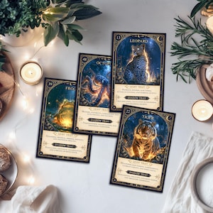 May include: Four rectangular oracle cards featuring illustrations of a leopard, octopus, frog, and tiger. Each card displays a number, animal name, and text sections labeled Light Trait and Shadow Trait, framed by ornate gold borders on a dark background.