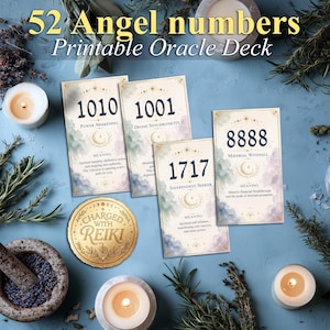 May include: A printable oracle deck featuring 52 cards with angel numbers like 1010, 1001, 1717, and 8888. Each card displays a number, a title, and a meaning. A gold circular token reads Charged with Reiki. The cards have watercolor accents.