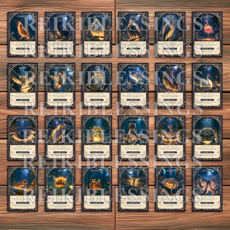 May include: A collection of thirty rectangular trading cards arranged in five rows of six, each featuring a unique animal illustration, a title, and descriptive text. The cards have a dark, ornate border and the watermark REIKIBLESSINGS.