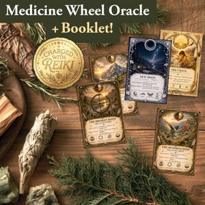 May include: A Medicine Wheel Oracle deck with a booklet, featuring cards titled New Moon, The Broken Hoop, The Child, and The Hummingbird. A gold circular seal reads Charged with Reiki. The cards display detailed illustrations and text descriptions.