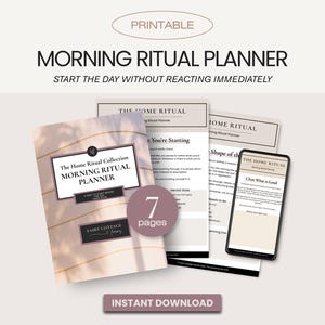 May include: A digital morning ritual planner with the text "Morning Ritual Planner" and "Start the day without reacting immediately." The planner includes 7 pages and is available for instant download.