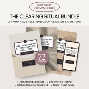 May include: The Clearing Ritual Bundle, a digital download with a 4-part home reset ritual. Includes a kitchen declutter guide, closet reset ritual, decluttering checklist, and planner. The bundle is 72 pages and designed for a lighter, calmer life.