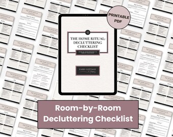 May include: A digital tablet displays a decluttering checklist titled "The Home Ritual: Decluttering Checklist." The checklist is room-by-room and includes the text "Printable PDF." The background features multiple checklists.