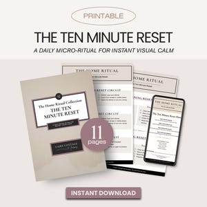 Pode incluir: Um download digital intitulado "The Ten Minute Reset" com o texto "A Daily Micro-Ritual for Instant Visual Calm". A imagem inclui um livreto, várias páginas e um smartphone exibindo o ritual. O download tem 11 páginas.
